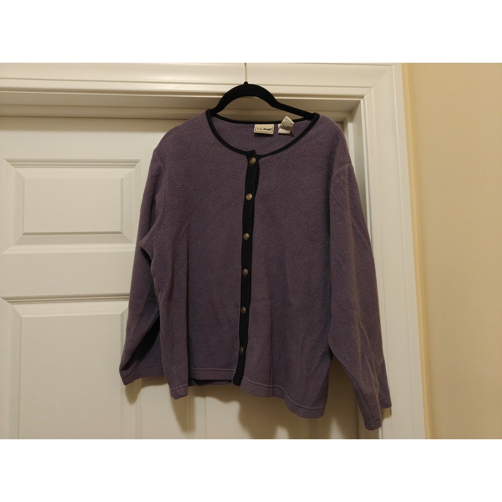 LL Bean Womens Purple Fleece Cardigan Button Front Contrast Trim Size M HJ90